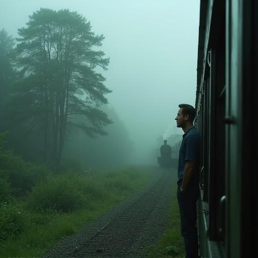 Cinematic scene featuring a train passing through a misty green forest. Fog weaves among tall trees. A man looks out the window thoughtfully. He notices a figure sleeping beneath a tree. Steam flows from the train engine into the fog. The mood is mysterious and calm. Soft light filters through the tree canopy. This moment feels like a freeze frame in time.