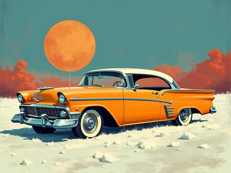 Painted artwork for an advertising poster styled like 60s graphic advertising design. Features a classic orange car with a large sun in the cold palette.