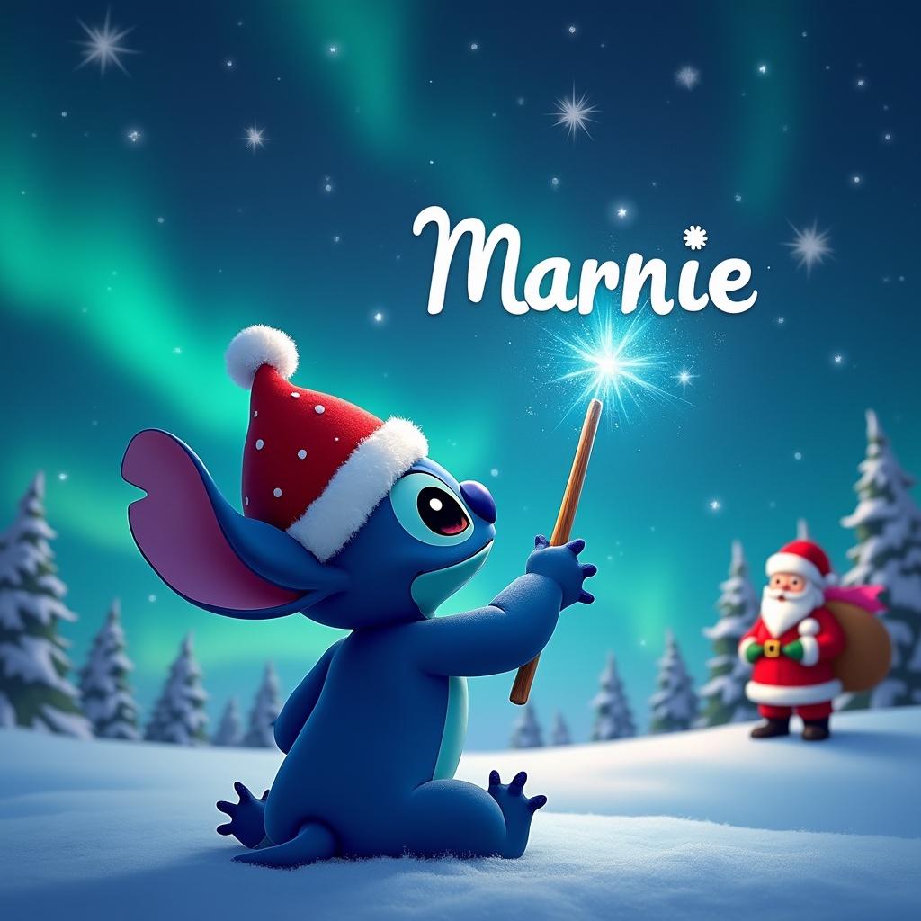 Stitch facing the sky. Using a wand to write 'Marnie' in the sky. Magical Christmas background with northern lights and Santa Claus. Writing names in the air elegantly.