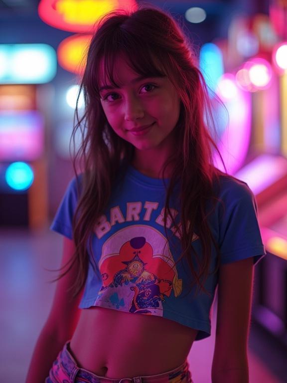 Inside a neon-lit arcade a teen girl in colorful booty shorts and a cropped graphic tee. Colorful lights reflect off her skin creating an electric youthful energy. She has a beautiful face.