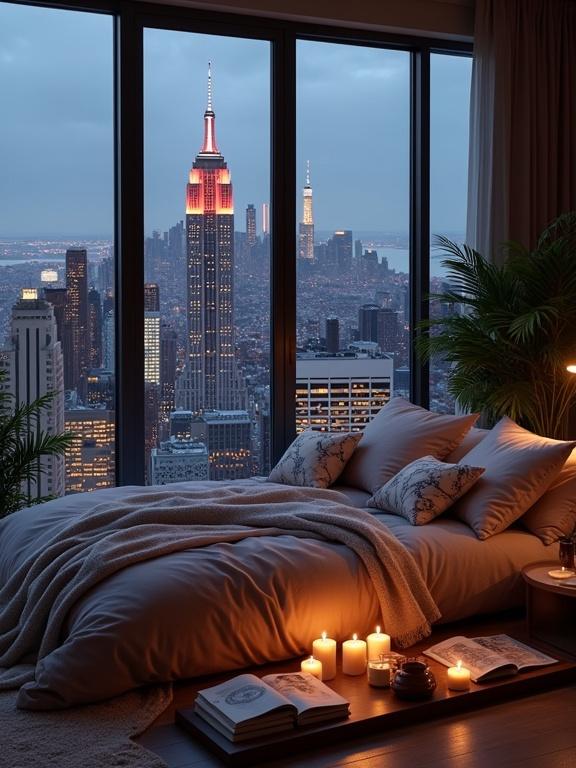 Cozy lounge with view of New York City skyline. Floor-to-ceiling windows showcase Empire State Building at night. Soft bedding on large chaise lounge with decorative pillows. Candles and books on dark wood table. Potted plants add greenery. Warm and inviting atmosphere for relaxation.