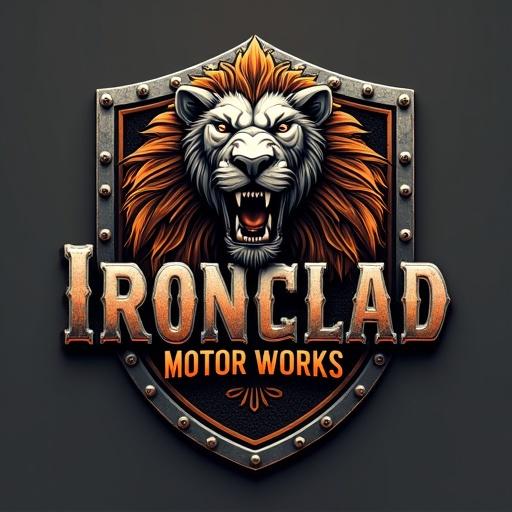 Heavy shield-like badge logo design with riveted edges. Roaring mechanical lion’s head symbolizes power and heritage. Colors are burnished gunmetal gray and molten orange accents. Texture resembles brushed steel with patina. Font is bold blocky all-caps style reminiscent of stamped steel.
