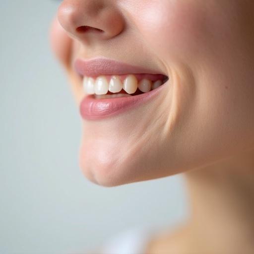 Close-up image of a woman smiling. Focus on beautiful lips. Mouth corner visible. Bright and inviting smile captured.