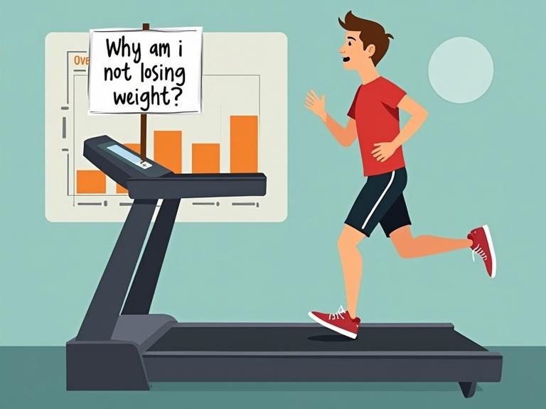 Treadmill with a confused runner nearby. Runner holds a sign asking about weight loss. Background features charts showing overtraining. Colorful and simple design.
