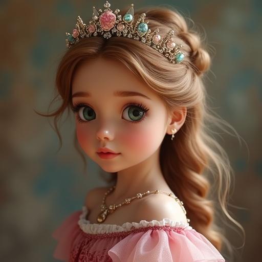 Create a princess with her head tilted slightly to the left. Focus on her elegant features and ornate tiara. Use soft colors and warm lighting to enhance the magical atmosphere.