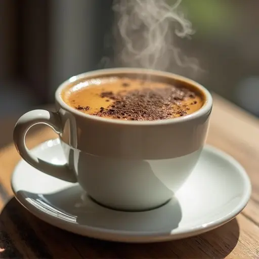 A close-up of a steaming cup of coffee on a saucer. Light shines through creating a warm atmosphere. Focus on the rich texture of the coffee and steam rising from the cup.