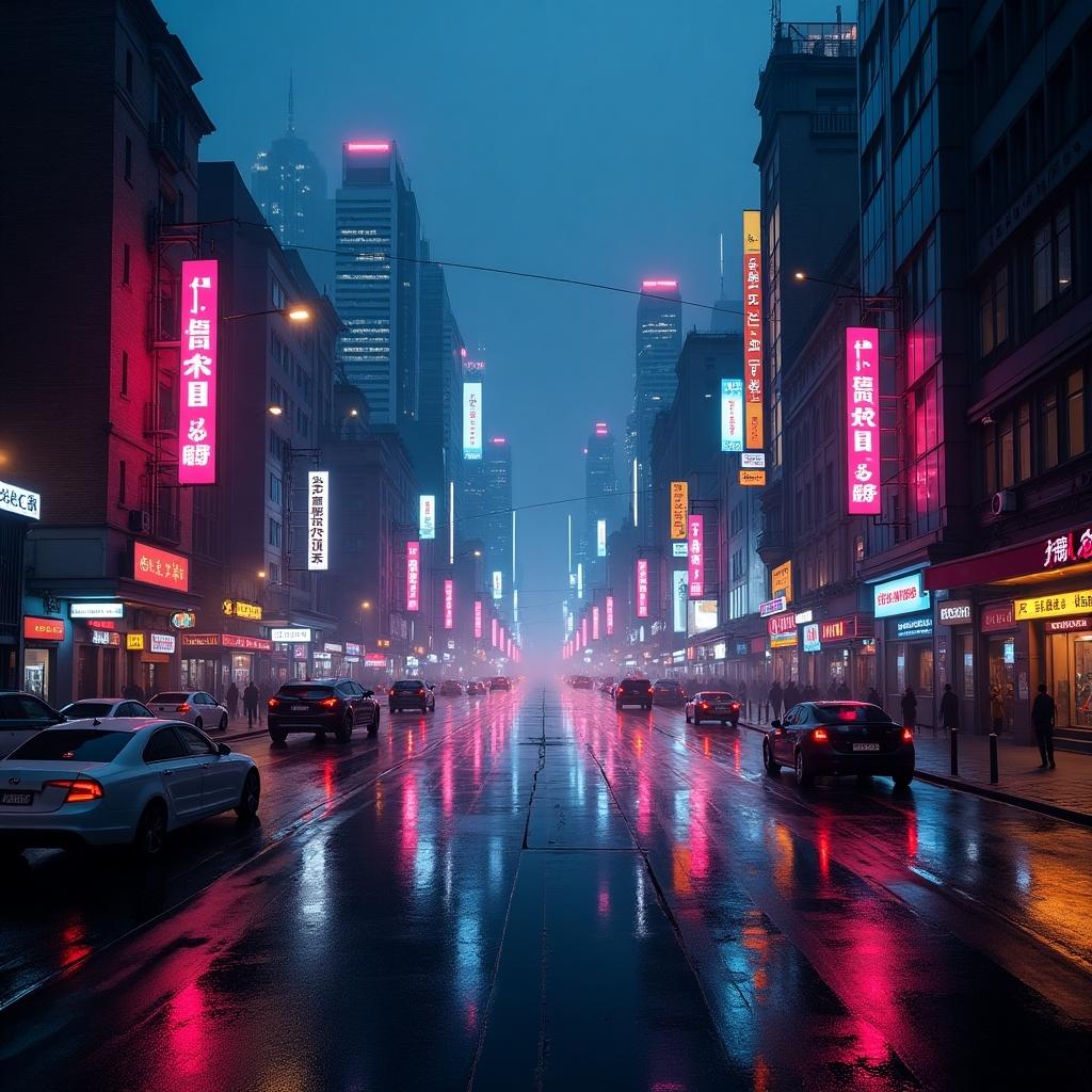 Cityscape depicting a vibrant metropolis with neon lights illuminating the streets during nighttime. Reflections of lights on wet pavement create a dramatic atmosphere.