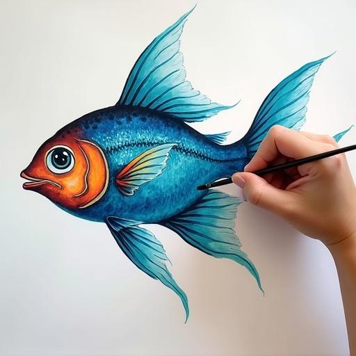 A fish with blue and orange scales is painting a watercolor portrait of its father. A human hand holds a brush above the fish. The fish is colorful with large fins. The scene is bright and whimsical.