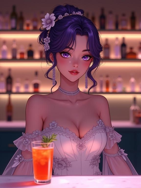 A stunning woman stands at a high-end bar. She wears a white off-shoulder dress with floral patterns. Her hair is styled in an updo with flowers, colored violet. She has long earrings and holds a vibrant cocktail. The background features warm lighting and refined décor.