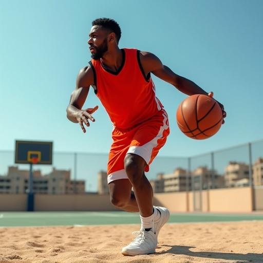 Stunning hyper-detailed sport photography captures athleticism of a basketball player in uniform. Athletes in motion, showcasing the physicality of the sport. Taken outdoors under a clear blue sky with ideal daylight. Image displays vibrant colors, exceptional sharpness, and dynamic composition. Visual effects convey speed and intensity, enhancing the overall impact.