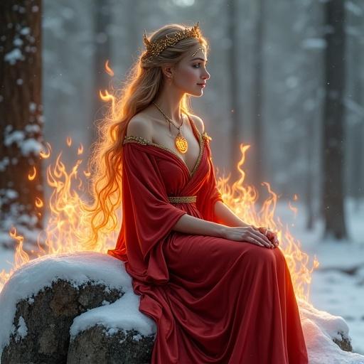 Mature female fire spirit seated on a snow-covered rock. Elegant, graceful posture. Body turned slightly. Radiates calm authority. Slender figure. Noble bust under platinum crimson silk robe. Robe edges glow like fire. One shoulder exposed. Short front skirt, flowing fabric like flames. Long golden amber hair cascades. Delicate golden tiara on forehead. Lantern accessories of gold and amber. Warm aura of flame surrounds. Serene expression and compassionate smile. Snow forest background contrasts with her glow. Majestic and ethereal atmosphere. Fantasy art style, full body, high resolution.