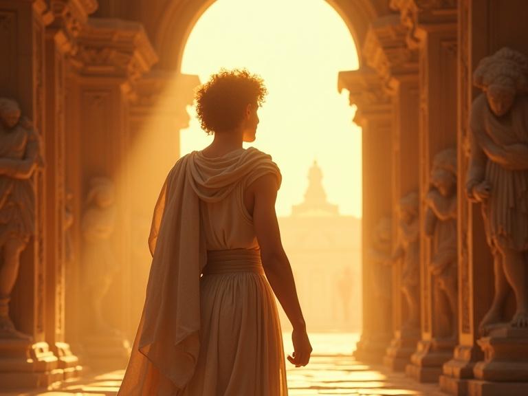 Young man of ancient Greece gazes towards the camera. He is Faetón, son of the sun god Helios. He wears a long white tunic and has slightly wavy dark hair. Warm light pours in through the sides of the temple, casting long shadows. The camera moves slowly behind Faetón. Background features statues of gods.