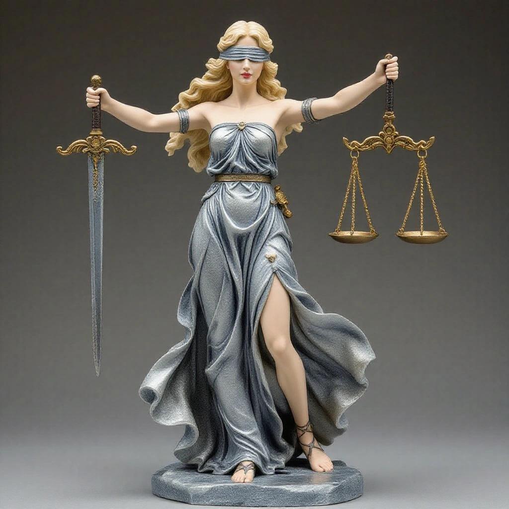 Resin statue of a goddess inspired by Libra. A sensual elegant blonde woman, blindfolded with a serene expression. Balanced on one foot, arms extended to mimic a scale. Long Greek-style dress in silver and gray tones with flowing folds. Carries a sword sheathed on her back. Connected to a solid stone base.