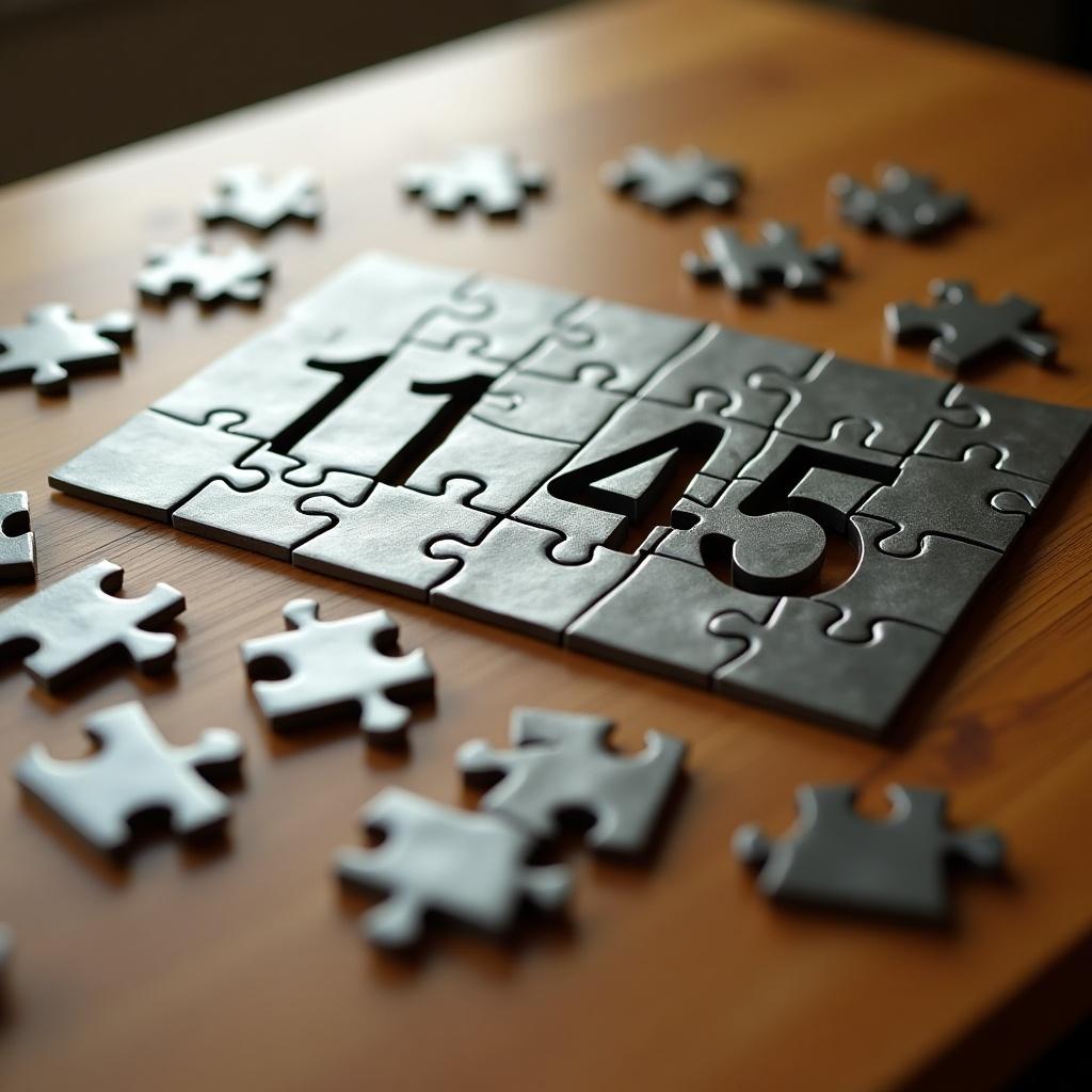 A partially assembled jigsaw puzzle rests on a wooden table, featuring the numbers 11:45. Surrounding the puzzle are scattered puzzle pieces, creating an interesting layout. The scene is bathed in soft, warm lighting that emphasizes the textures of the wood and the glossy finish of the puzzle pieces. This setup invites viewers to consider the theme of time management or learning through play. The incomplete puzzle adds a sense of challenge and engagement.