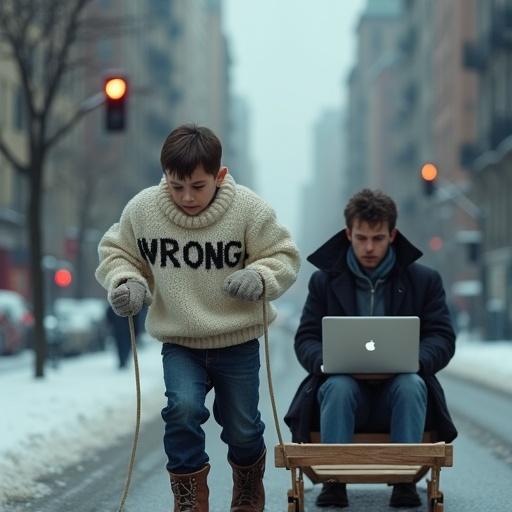 Photorealistic winter city scene with young boy pulling a large wooden sled down a cold urban street. He wears a cream-colored sweater with 'WRONG' on it. Two adults in business attire work on laptops sitting on the sled. Cold cityscape with buildings, traffic lights, and frosted pavement, with soft natural light.