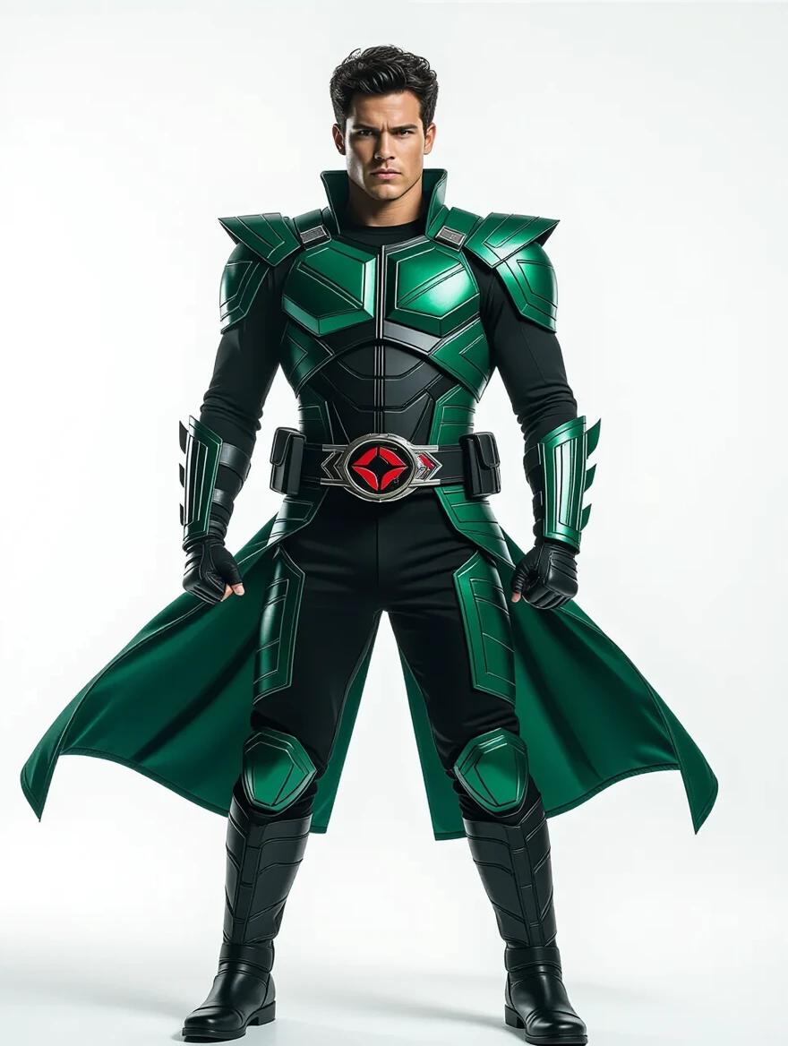 Heroic pose in Kamen Rider costume. Confident stance with arms slightly spread. Detailed green and black suit with silver accents. High-contrast lighting highlights the costume's features.