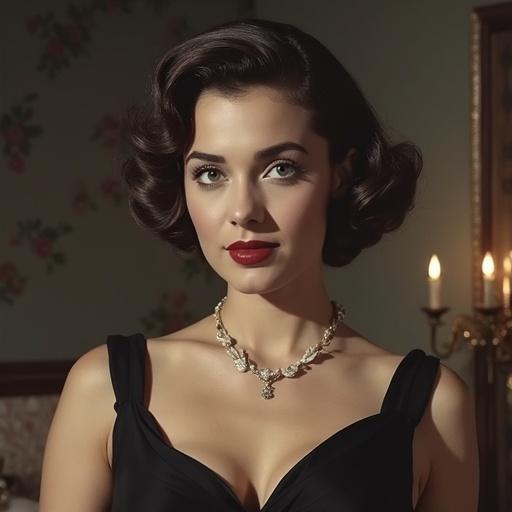 Beautiful Italian lady in a vintage 1950s attire with soft glamour lighting