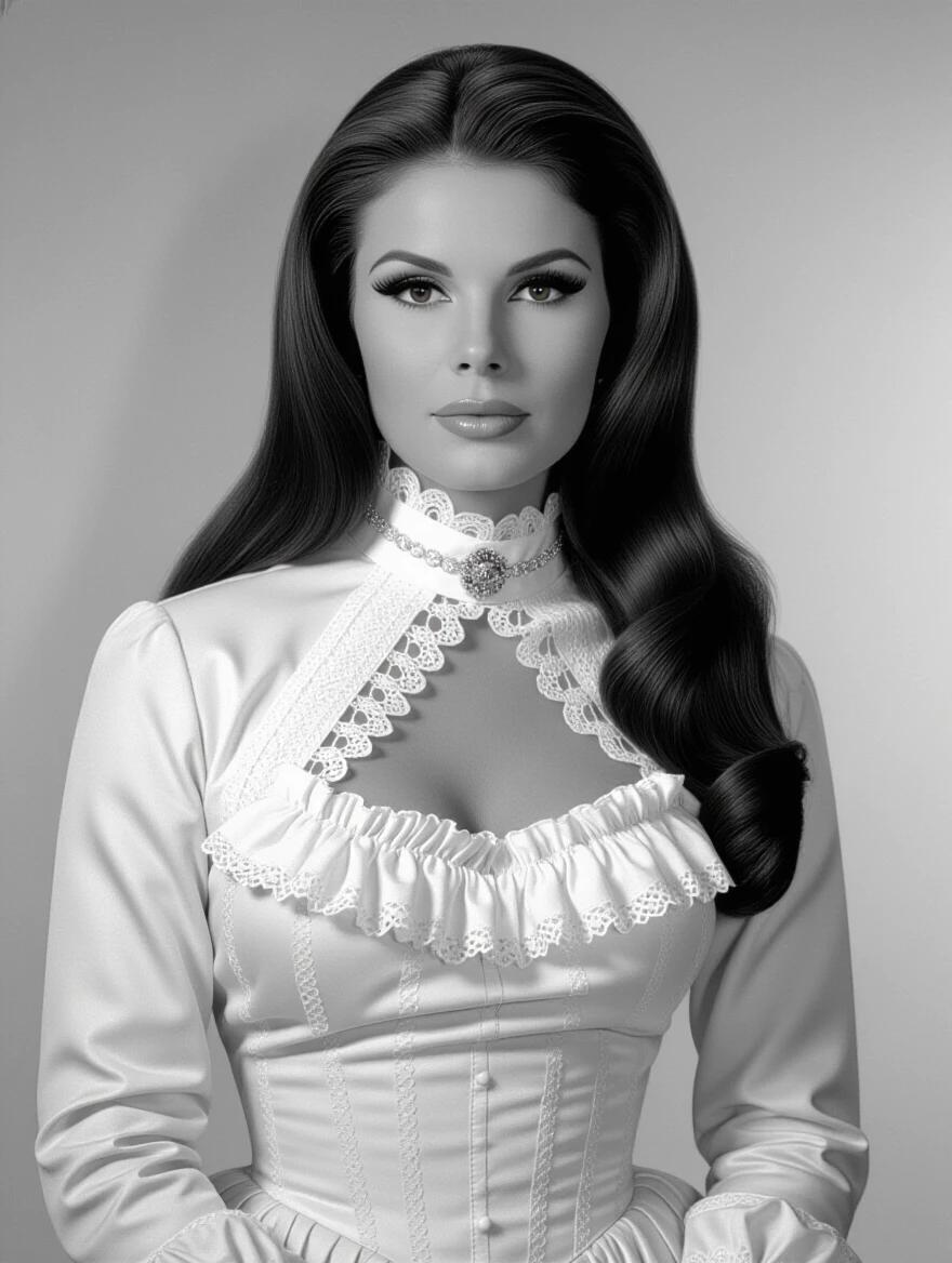 Black and white portrait of a woman inspired by Raquel Welch from 1967. Long brunette hair styled elegantly. Wearing a form-fitting Victorian dress with a frilly design and tall collar. Evocative makeup with perfect arched eyebrows and false eyelashes. Vintage photography style reminiscent of classic portraits.