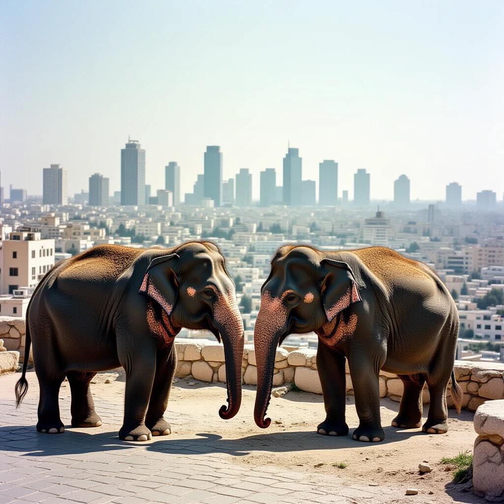 Photograph showing two elephants in front of Tel Aviv skyline. Elephants are depicted in shades of brown and black with distinct features. Cityscape includes modern buildings in the background. The scene embodies an interesting blend of wildlife and urban life.