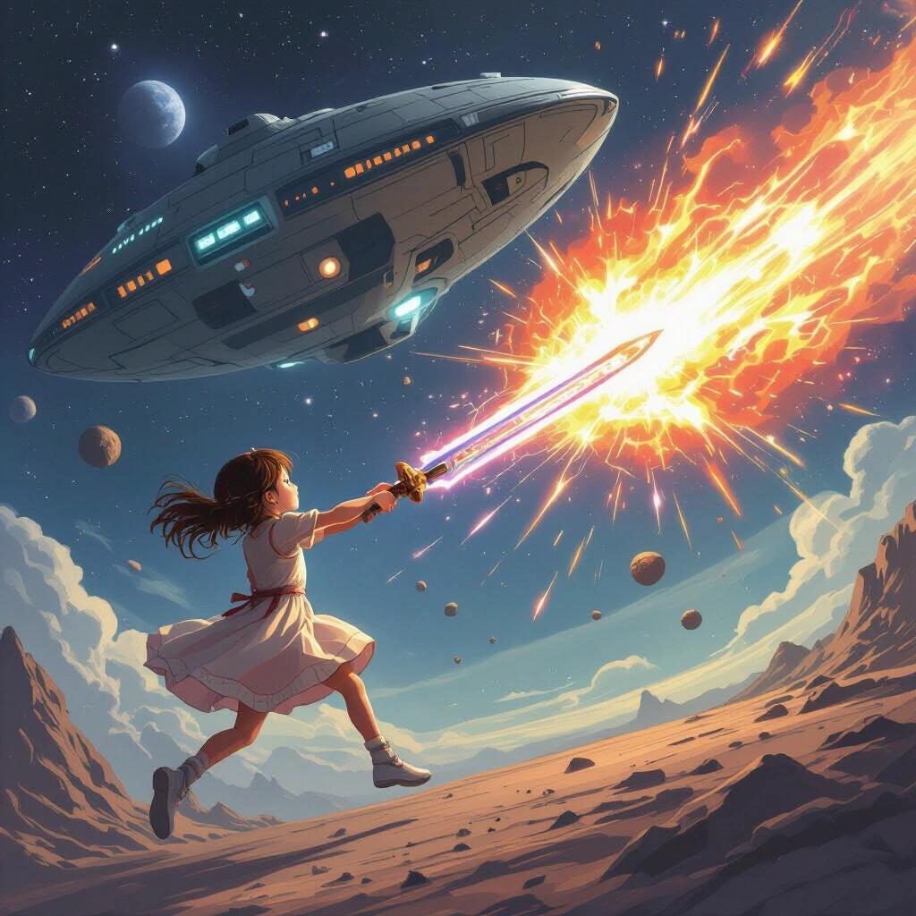 A young girl in a dress is performing an iaido pose in outer space. She wields a giant plasma sword slashing through an alien spacecraft that is splitting apart. The scene is filled with stars and planets.
