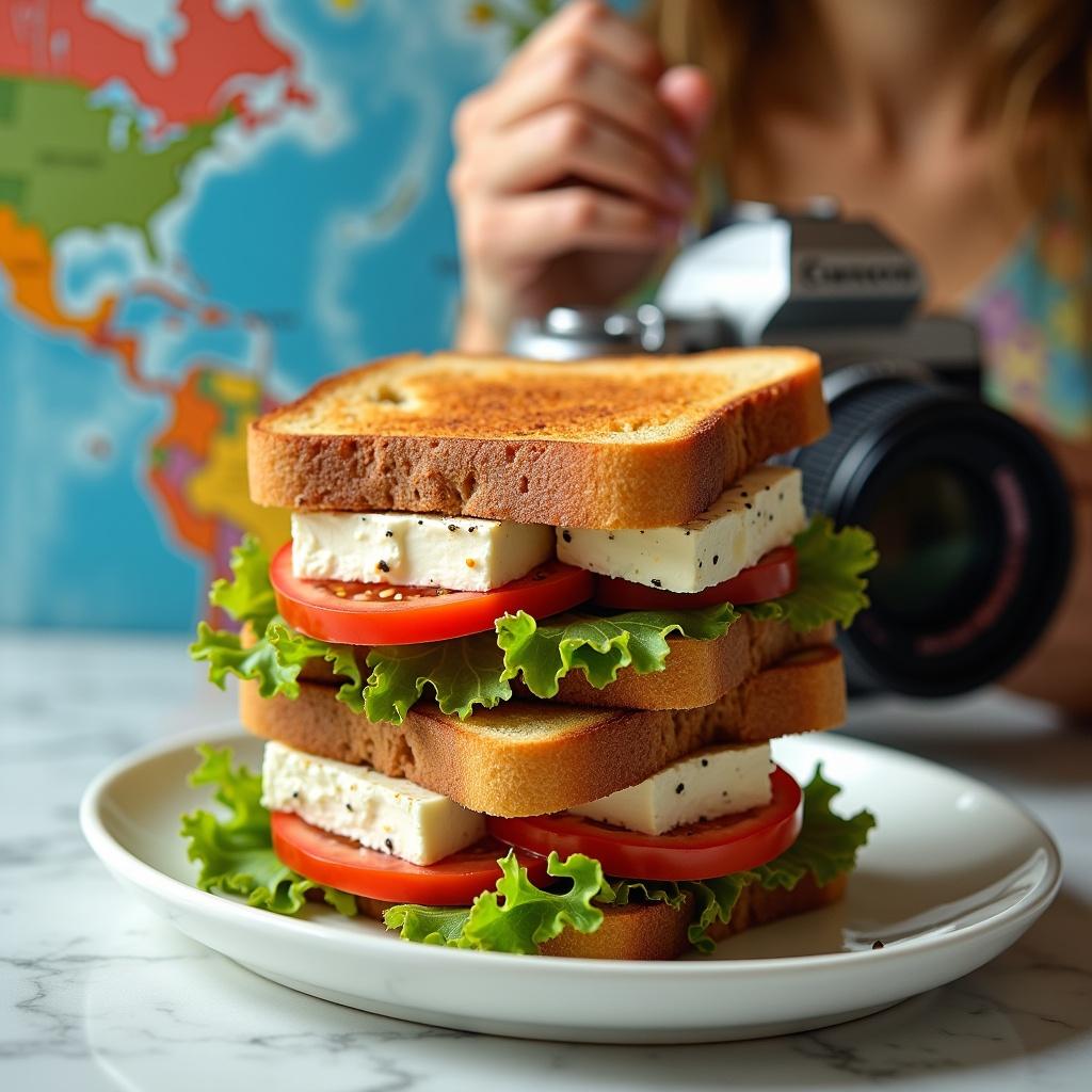 Image shows a stacked Greek feta and white cheese toast sandwich with tomato and lettuce. The sandwich is toasted golden brown. It sits on a white plate and is illuminated by natural light. A person with a camera looks at a world map in the background.