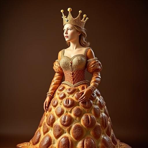 A regal queen composed entirely of baked bread. Her voluptuous form crafted from golden-brown brioche. Cinnamon rolls form her torso; braided challah shapes her arms. Lavish gown of layered puff pastry embellished with sesame-seed embroidery. Crown of twisted breadsticks studded with jewel-like fruit glazes. She stands confidently against a rich, warm chocolate-brown backdrop, illuminated to showcase her doughy sheen and intricate details.
