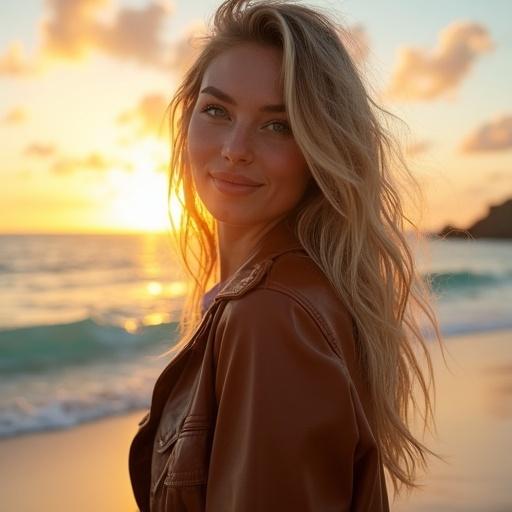 High resolution portrait of a stylish supermodel on a serene beach during sunset. Natural light enhances beauty. Model has light blonde hair and gorgeous eyes. She wears a leather jacket and flows with the breeze. She smiles at the camera against a warm sky backdrop.