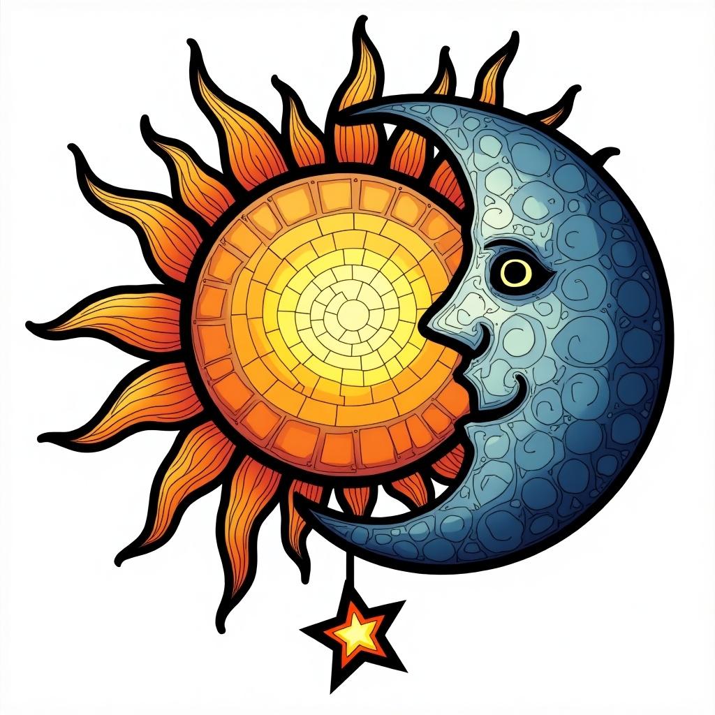 Clip art image features sun and moon mosaic. Star dangles from moon tip. Design uses only four colors with black outline.