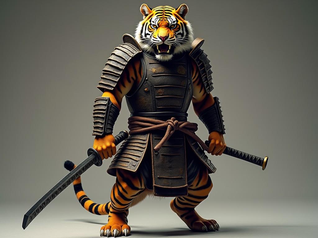 The image depicts a powerful and imposing anthropomorphic tiger dressed in traditional samurai armor. The tiger stands confidently, holding a katana in one hand, ready for battle. The intricate details of the armor and the tiger's intense expression evoke a sense of strength and bravery.