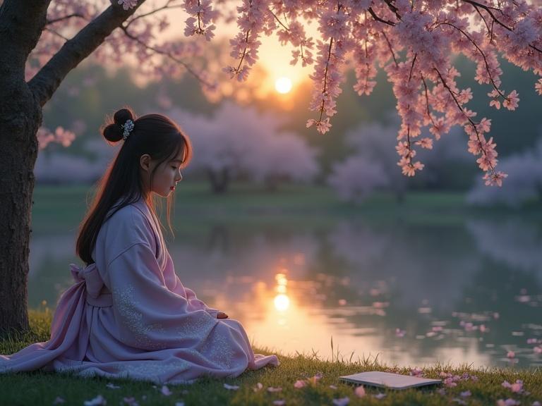 A young girl alone in a serene garden at dusk. Dressed in a pale lavender kimono, she sits quietly beneath a cherry tree. Her sad expression reflects deep yearning. The pond mirrors the fading sky. Petals float on the water. Next to her lies a forgotten letter, damp with dew. Her posture is hunched as if carrying an emotional weight. The garden is a tranquil, yet sorrowful space.