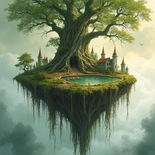 Floating island in the sky. Moss and ivy cover ancient twisted trees. At the center is a tall weathered tree with towers glowing with faint runes. Surrounded by small elven houses and guardian towers. Tangled roots dangle into mist. A reflective pond rests on the island. Water falls from the island, surrounded by mushrooms and ferns. Drawn in sketchy hand-drawn style with muted watercolor tones. Dreamlike and mystical.