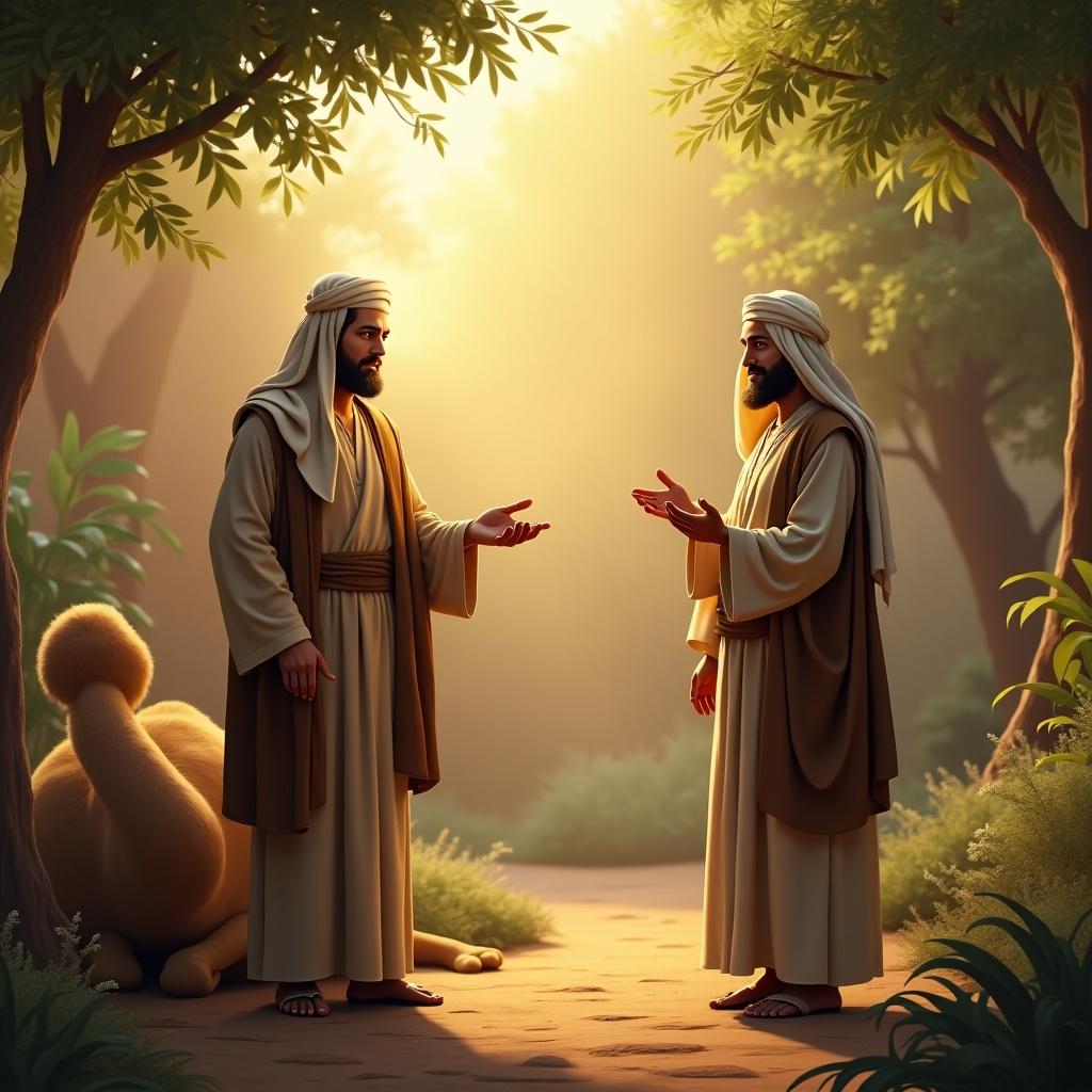 The image depicts a serene moment in a tranquil garden, where two figures engage in a respectful dialogue. One figure, representing the Prophet Muhammad, stands with one hand gesturing towards a third figure, a camel's owner, who appears apologetic. The Prophet's face is obscured by a brilliant glowing light, symbolizing his revered status. The garden is lush and inviting, with a resting camel nearby, adding to the peaceful ambiance. The scene highlights themes of understanding and compassion in Islamic teachings.