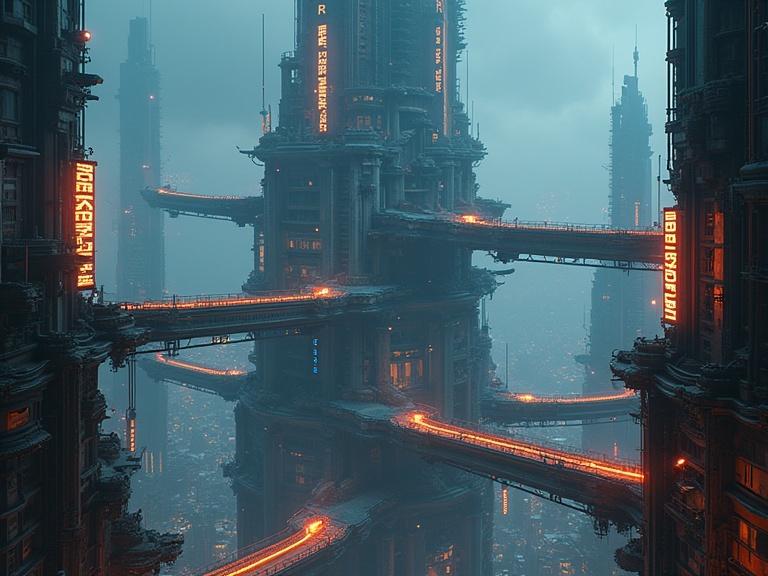 A cyberpunk-style megastructure with glowing signs and hovering walkways
