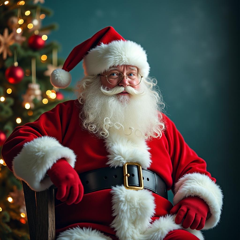 Santa Claus sitting with a warm expression. Traditional red suit with white fur trim. Christmas tree in the background. Soft lighting creates a cozy atmosphere.