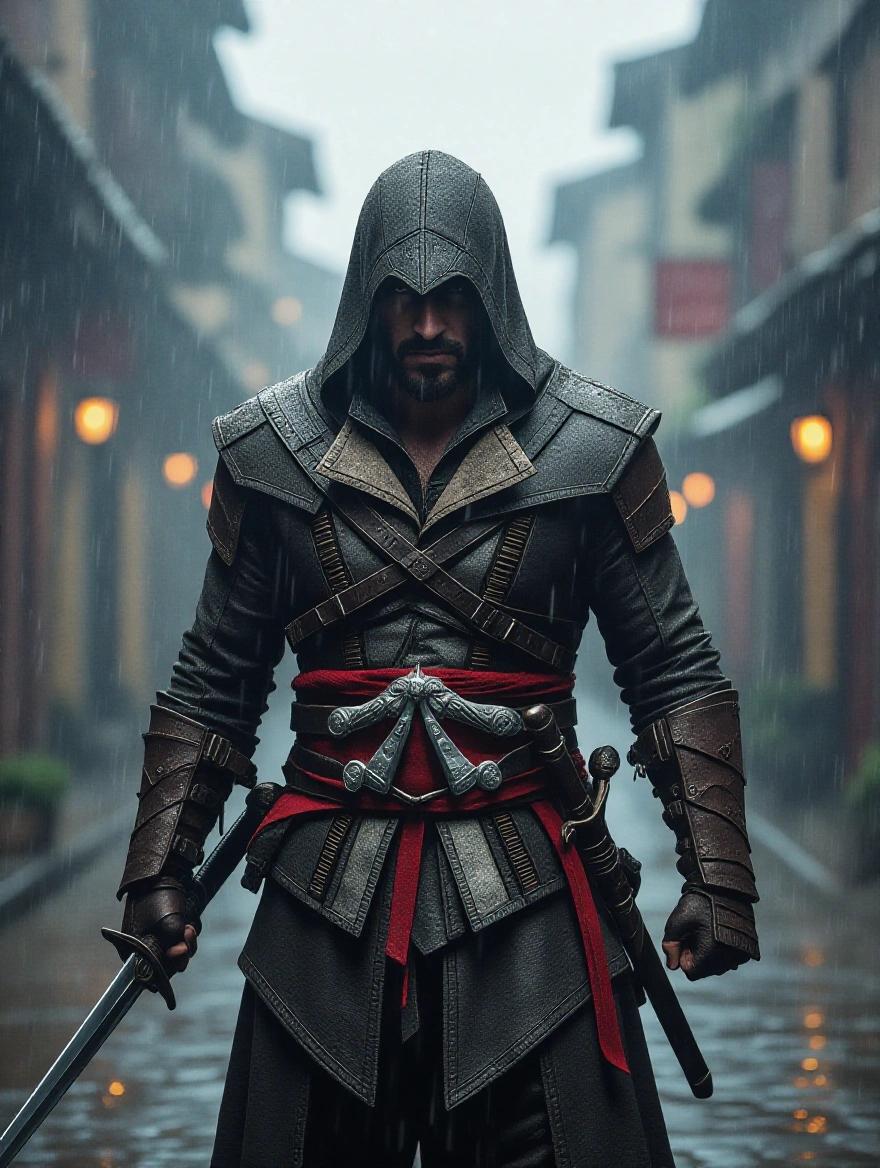A professional photograph of a fighter in a rainy scene. Dark tones with soft contrast and saturation. Drizzling rain on the fighter's face. Reflective wet surfaces with cinematic lighting. Moody atmosphere reminiscent of Assassin's Creed.