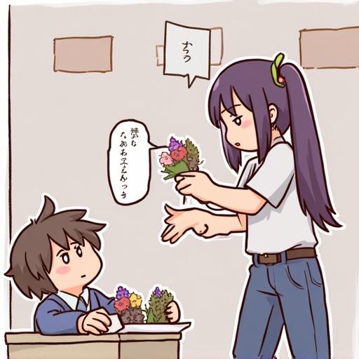 Cheerful anime illustration featuring a sporty girl giving a flower to a boy. The girl has long hair and a playful demeanor. The boy is wearing a casual outfit and looks surprised. Background has soft colors.