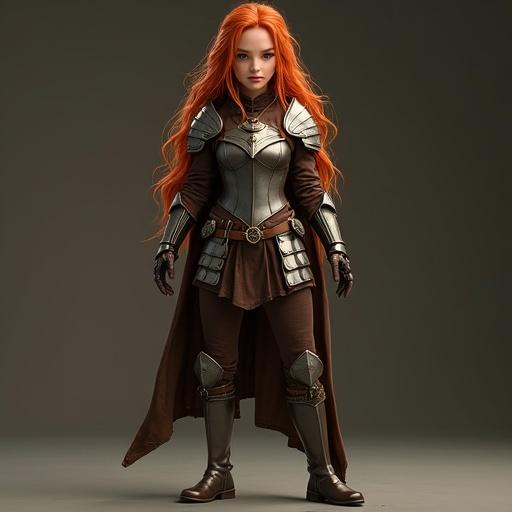 Female elf warrior with fiery red hair wearing armor. Character stands in A pose with arms extended. Leather boots and steel shins.