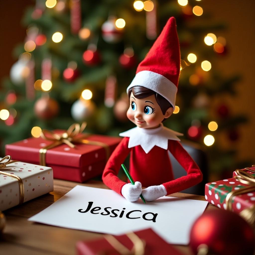 This image features the beloved Elf on the Shelf character, widely recognized during Christmas. The elf is dressed in festive red and white attire, seated at a table, diligently writing the name 'Jessica' on a piece of paper. In the background, a beautifully adorned Christmas tree sparkles with colorful lights and ornaments, enhancing the holiday spirit. Surrounding the elf are neatly wrapped presents and cheerful holiday decorations, creating a warm and inviting atmosphere. This scene beautifully encapsulates the magic of the festive season and the joy of personalized touches during Christmas celebrations.