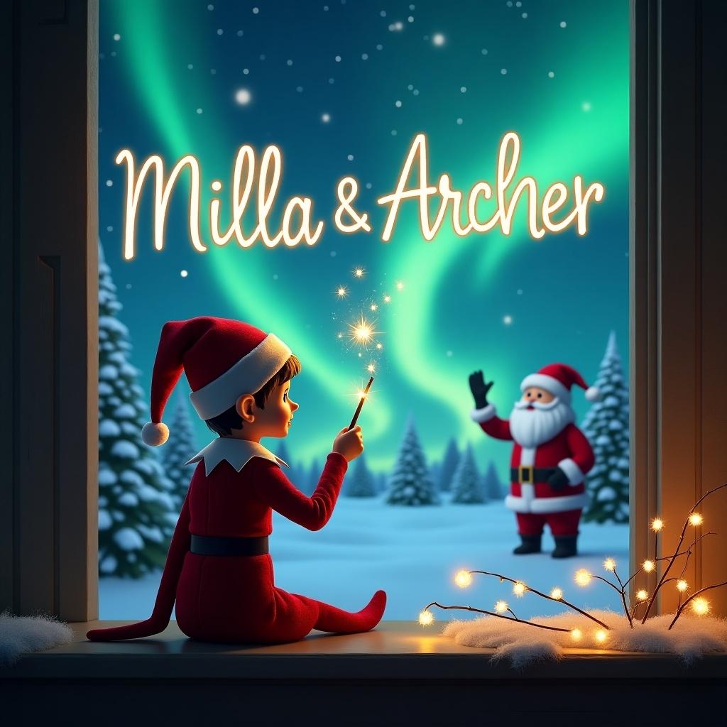 This image depicts a festive Christmas scene with a whimsical vibe. An elf on the shelf, dressed in traditional red holiday attire, sits at a window facing the sky. The elf is using a magical wand to gracefully inscribe the names 'Milla & Archer' into the shimmering northern lights. In the background, Santa can be seen, adding to the enchanting atmosphere. The room is cozy, adorned with fairy lights, which enhance the magical feel of the scene. This artwork captures the essence of holiday magic and joy in a charming way.