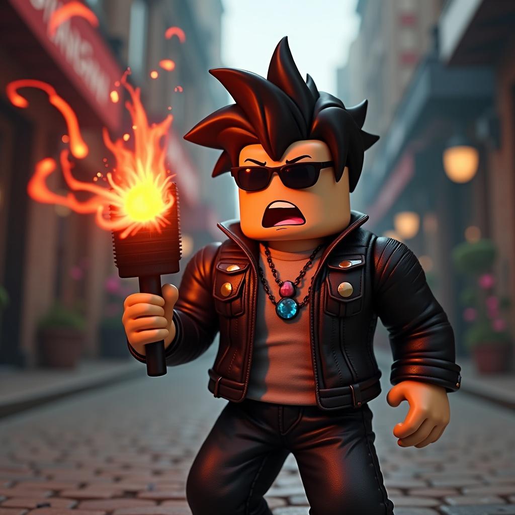 Image shows a Roblox-style character holding a harvester that is firing. The character has an angry expression. The background features a theme similar to Murder Mystery 2. The character is wearing sunglasses, jewelry, and a jacket.