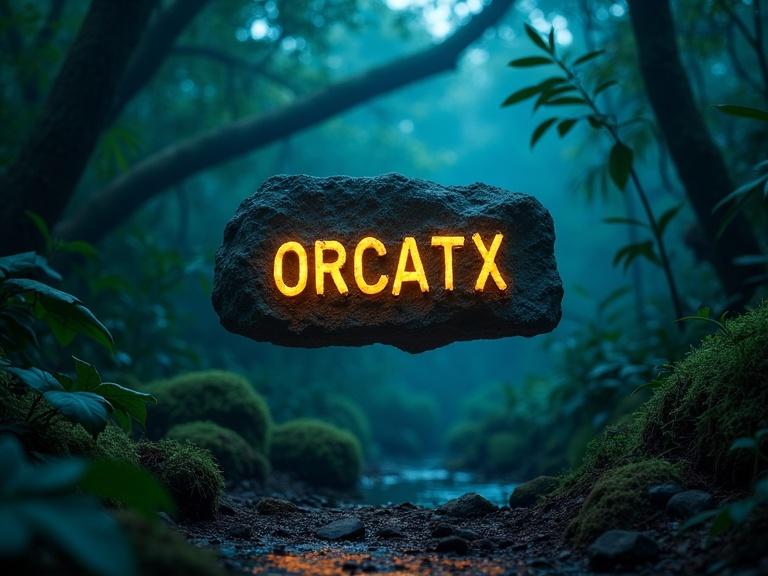 Cool sign on a stone in a deep dark green wild jungle at night. Stone floating with the inscription 'ORCATX'. Volumetric natural light present. Highly realistic image.