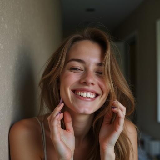 A cute woman laughing shyly while hiding her face with her hands. Soft natural lighting enhances her joyful expression.