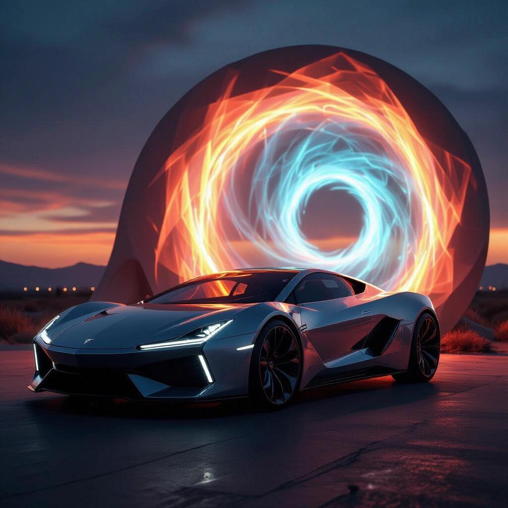 Futuristic and angular concept race car parked near an alien swirling portal at sunset. The setting features deep grooves in the ground with a stylish aesthetic.