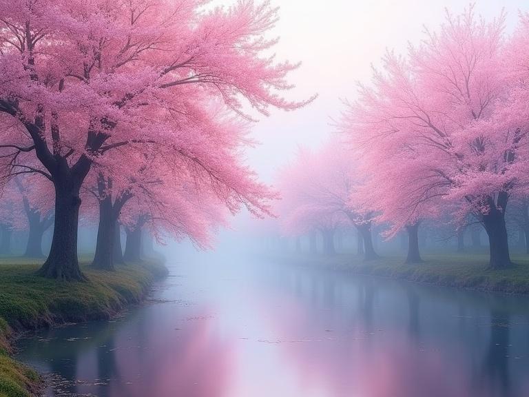 Serene landscape featuring cherry blossom trees beside calm river. Soft colors reflect in water creating dreamlike ambiance. Trees in bloom add whimsical touch to peaceful setting.