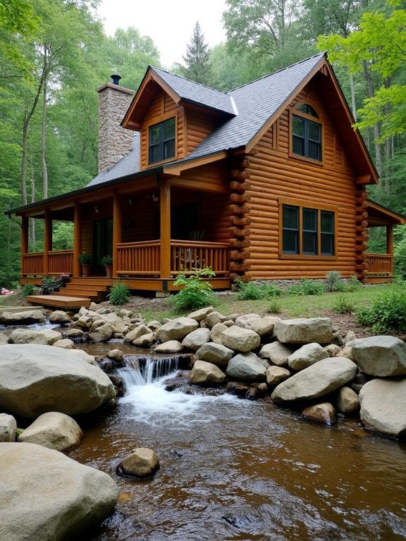 Log cabin nestled by a flowing stream in a lush forest. The log cabin has a gabled roof and a spacious porch. Surrounded by tall trees and smooth rocks. Stream flows gently with small cascades.