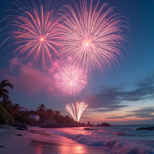 Fireworks illuminate the night sky over the ocean. A cute white and pink rose beach house sets the scene. Vibrant colors create a festive atmosphere.
