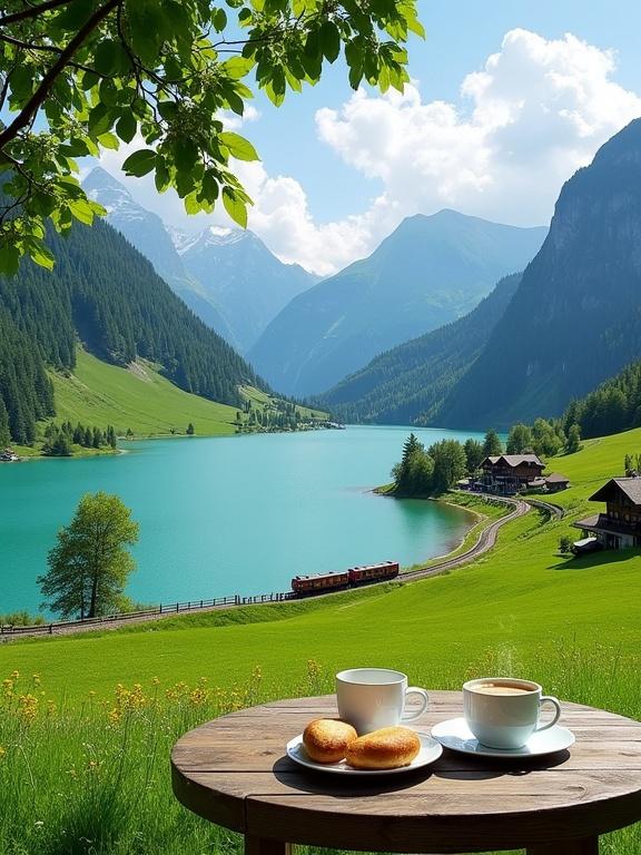 Scenic Swiss landscape with turquoise lake and green hills. Rolling meadows with wildflowers. Wooden table with coffee mugs and sandwiches. Rustic houses and narrow railway track. Forested mountains and cloudy sky.