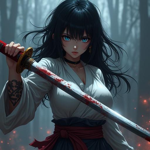 Anime girl with blue eyes and black hair in a fighting stance holding a katana. The katana is visibly stained with blood. Character facing the viewer with a blank gaze. Dark and atmospheric background. High quality and detailed artwork.