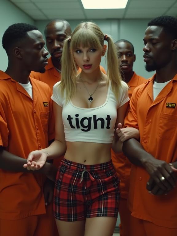 Scene set in a prison cell with a woman wearing a tight crop top and plaid miniskirt. Several men in orange prison jumpsuits surround her. The woman looks scared and is holding a sign.