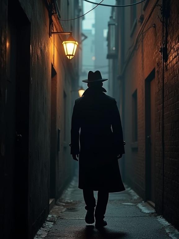 Private detective questioning villain in a dark alley. Silhouette style with street lamps glowing. Atmospheric and mysterious setting.